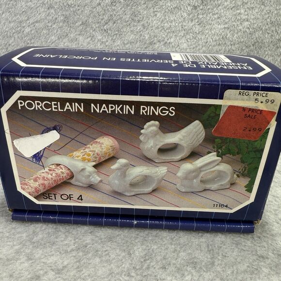 Set Of 4 Vtg Japan 1984 White Duck Porcelain Napkin Rings w/Original Box - Picture 2 of 8